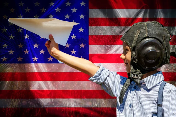 Happy Child Dreams Becoming Pilot Lying Grass American Flag Background — Stock Photo, Image