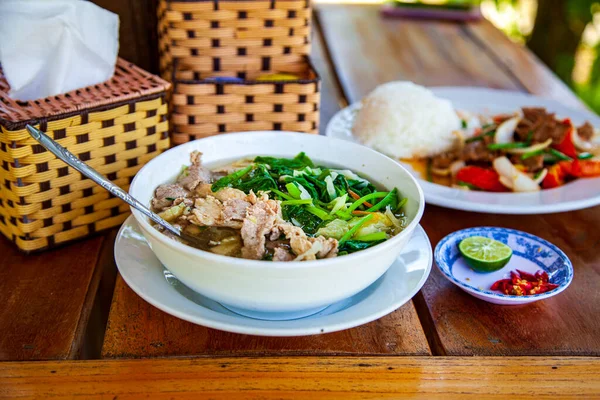 traditional Vietnamese soup, Vietnamese soup Pho with chicken, view from above