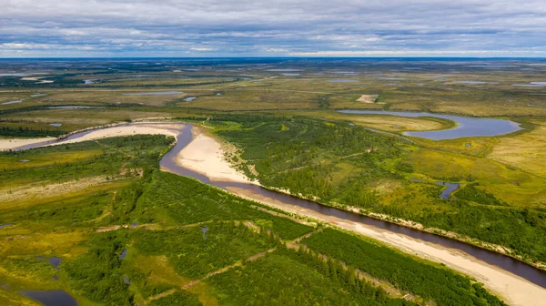 Paisaje Selva Tundra Orilla Del Río Arenoso Vista Pájaro Círculo —  Fotos de Stock