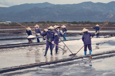 Khanh Hoa, Vietnam - 7 Temmuz 2016: Nha Trang 'ın 40 kilometre kuzeyinde insanlar tuz topluyor