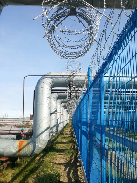 Protection of oil and gas facilities, barbed wire with surveillance cameras. Gas valves, crane and pipes for gas and oil transportation, gas processing plant,