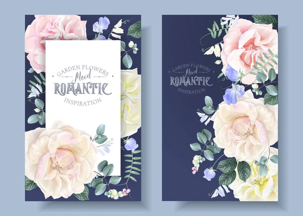 Bannières florales vintage vectorielles avec roses de jardin — Image vectorielle