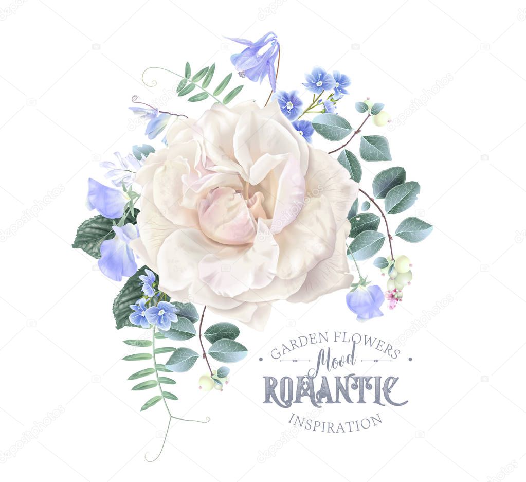 Vector card with white rose and blue flowers
