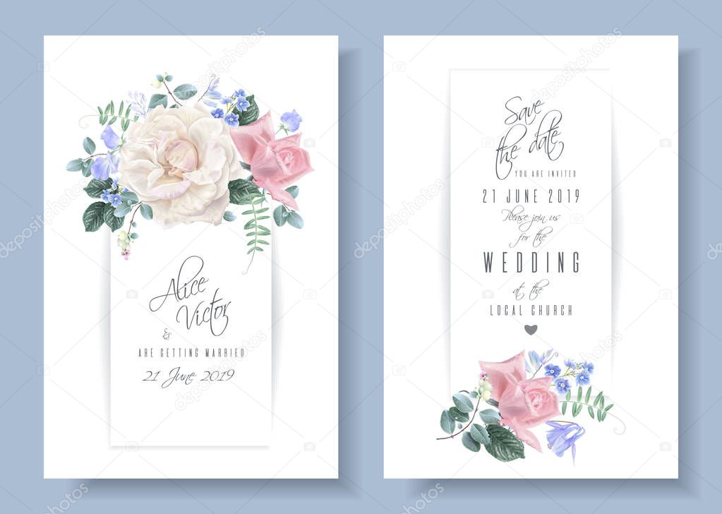 Vector vintage floral wedding cards with roses