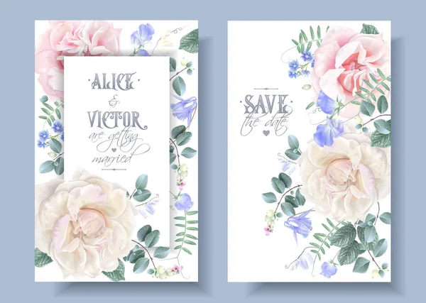 Vector vintage cartões de casamento floral com rosas —  Vetores de Stock