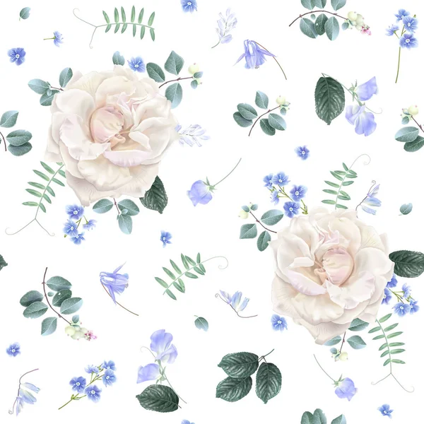 Witte roos en blauw bloem bloemmotief — Stockvector