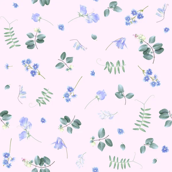 Flores azuis em rosa bg padrão floral —  Vetores de Stock