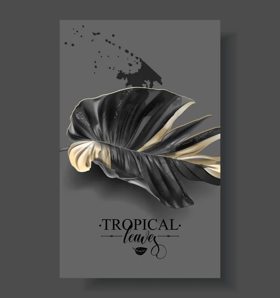 Vector Banner Met Tropische Bladeren Zwarte Kleurvlekken Donkere Achtergrond Luxe — Stockvector