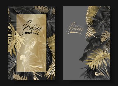 Tropical leaves black and gold botany banners clipart