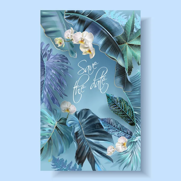 Тропические листья бирюзовые и фиолетовые свадебные открытки — стоковый вектор