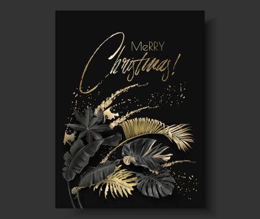 Tropikal yaprak siyah altın botanik Noel kartı