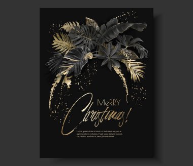 Tropikal yaprak siyah altın botanik Noel kartı