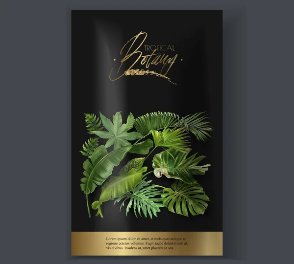 Banner de embalaje vectorial hojas tropicales en negro — Vector de stock