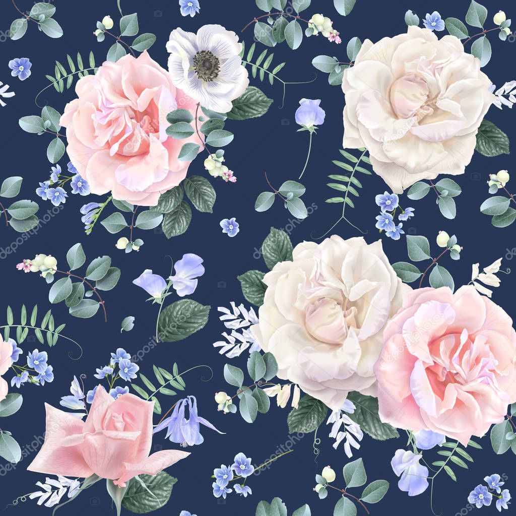 White and pink rose flower seamless pattern