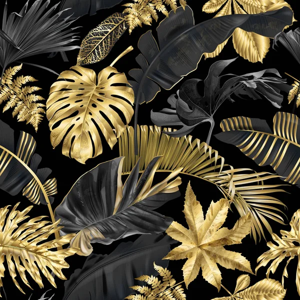 Modello vettoriale con foglie tropicali nere oro — Vettoriale Stock