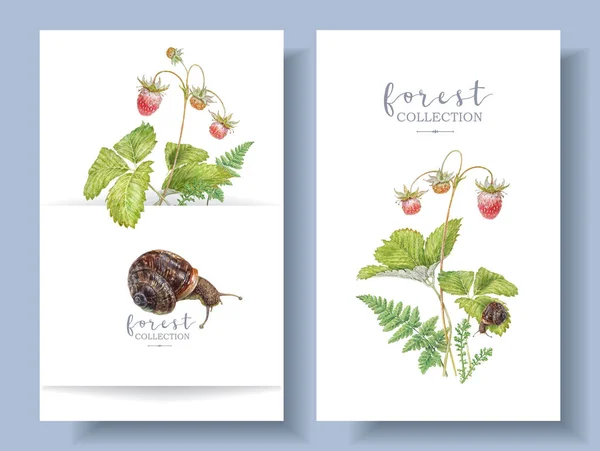 Watercolor banners with forest stawberry and snail