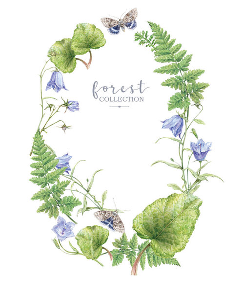 Watercolor wreath with forest plants and butterfly