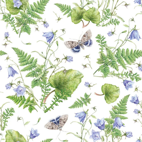 Watercolor pattern with forest plant and butterfly