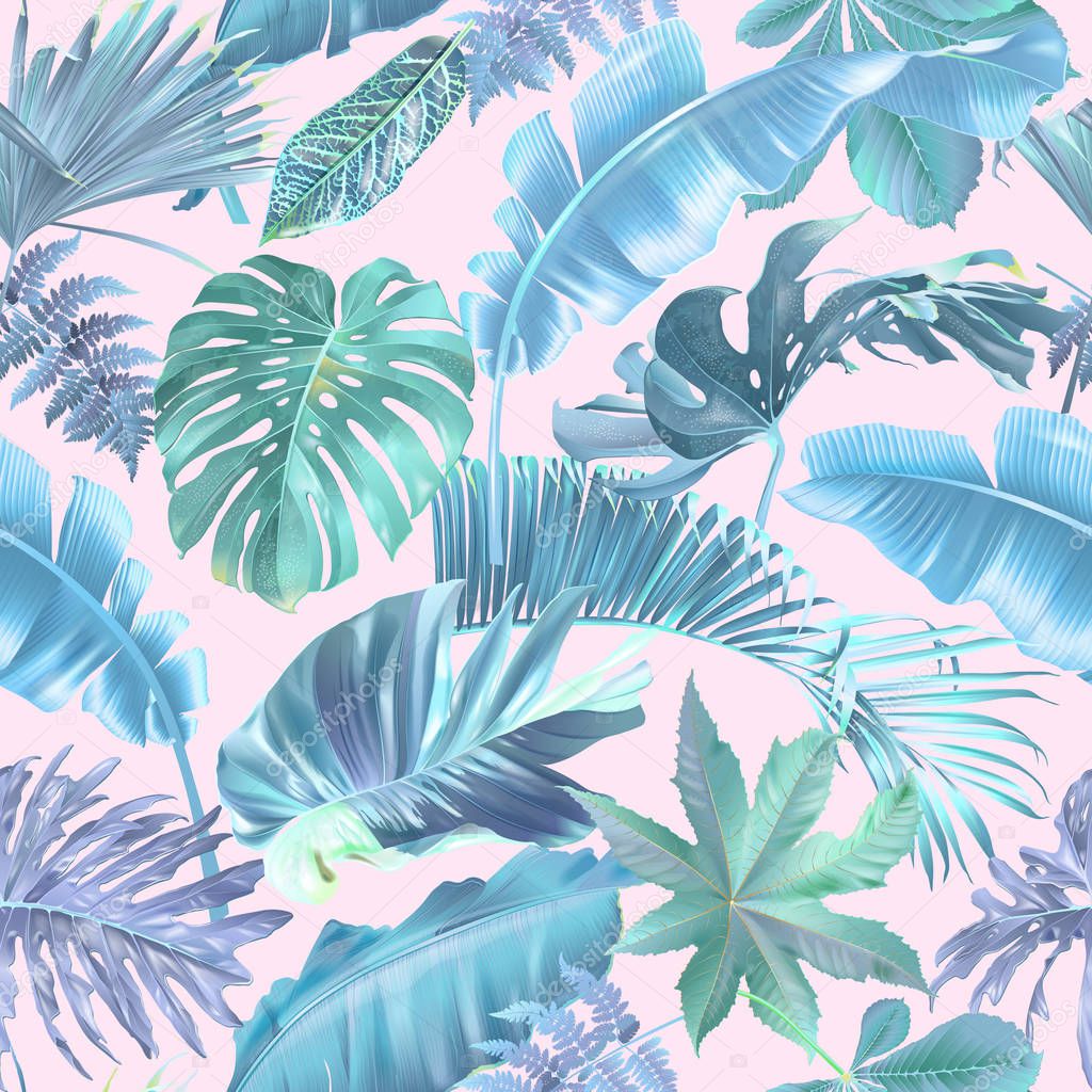 Vector seamless pattern with blue tropical leaves