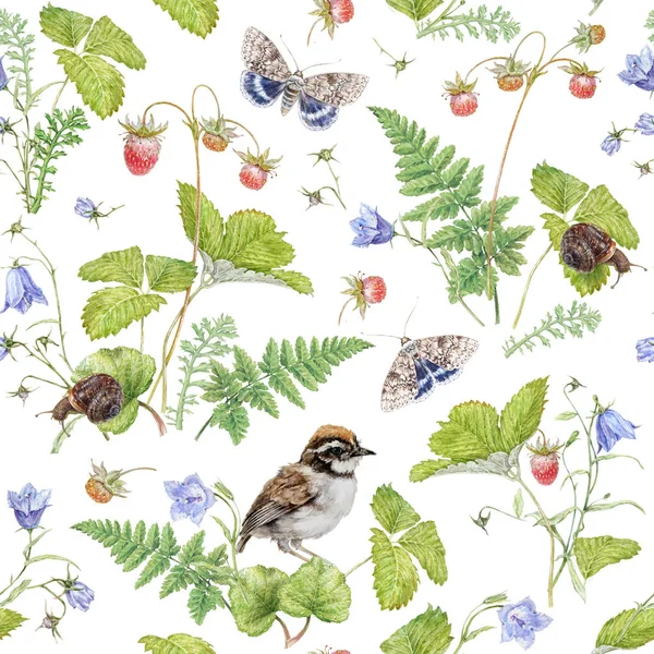 Watercolor seamless pattern with berry and bird