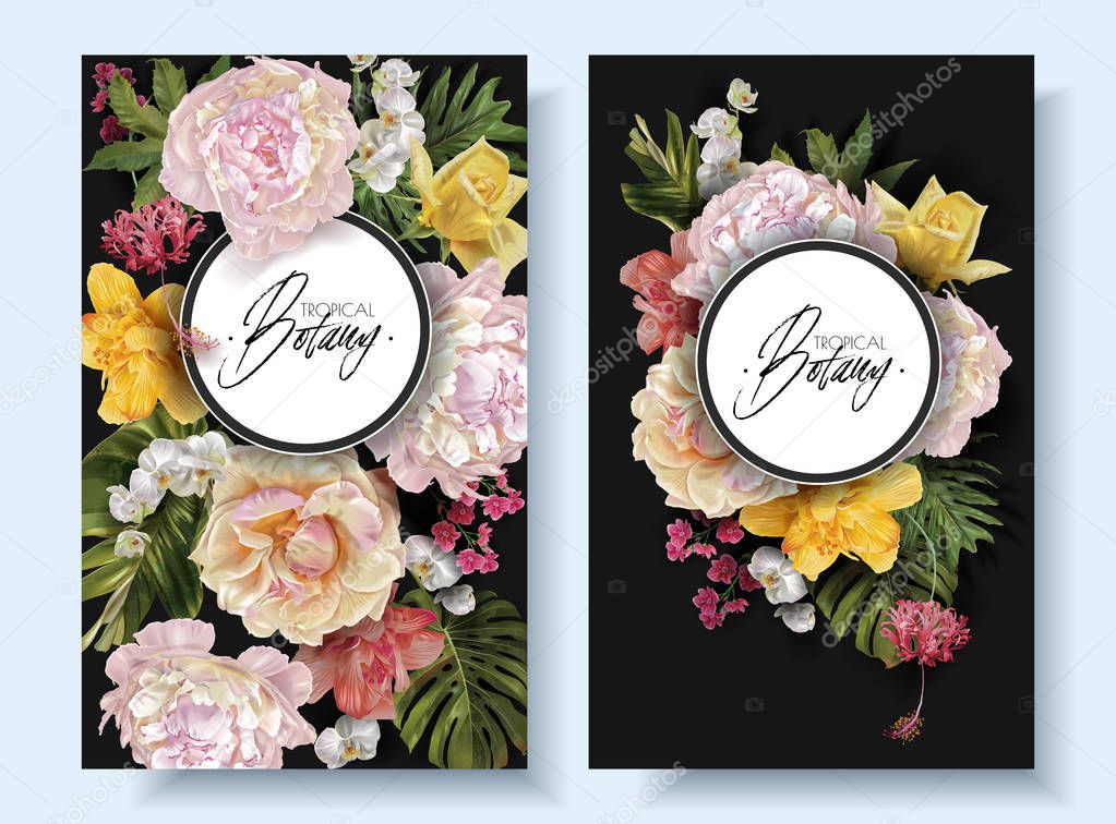 Vector banners with flowers and tropical leaves