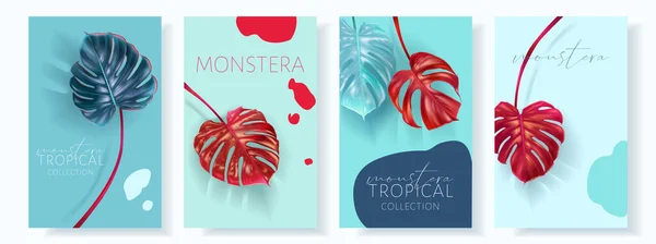 Vector monstera banners with green tropical leaves — Stock Vector