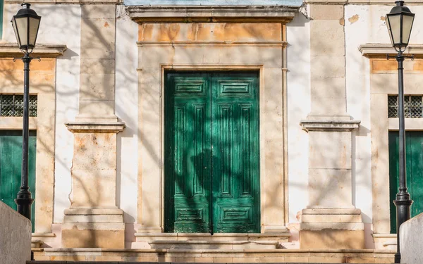 Старые Зеленые Типичные Монументальные Резные Деревянные Двери Португалии — стоковое фото