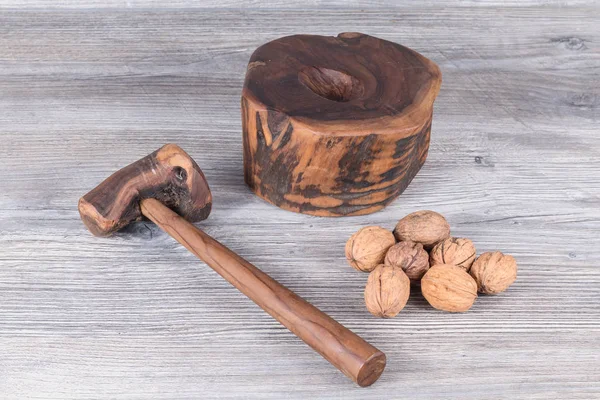 Hammer Nutcracker Walnuts Anthracite Gray Wood Background — Stock Photo, Image