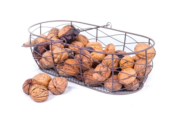 Group Seasonal Autumn Nuts Metal Basket Isolated White Background — Stock Photo, Image