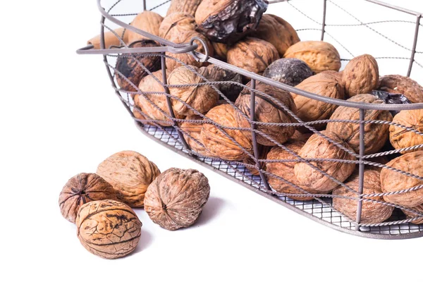 Group Seasonal Autumn Nuts Metal Basket Isolated White Background — Stock Photo, Image