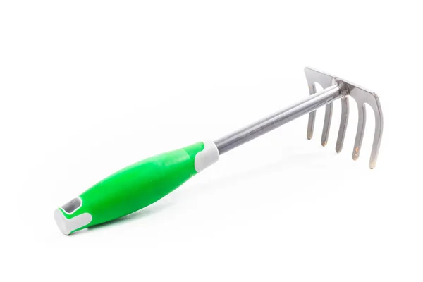 Small Rake Gardening Teeth Green Handle White Background — Stock Photo, Image