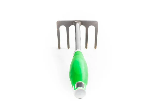 Small Rake Gardening Teeth Green Handle White Background — Stock Photo, Image