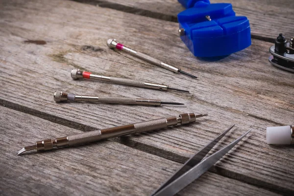 Set Watchmaker Tools Isolated Rough Wooden Board Close — Stock Photo, Image