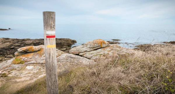 Tronco di legno che indica un lungo sentiero in riva al mare — Foto Stock