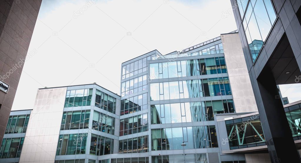 Dublin, Ireland - February 12, 2019 - Architectural detail of the Gordon House building that houses the international company Google in the city center on a winter day