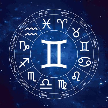 Vektör. Grafik Astroloji yıldızlı gökyüzü kozmik arka plana ayarla. Burç burç ikizler ile başlık için basit geometrik gösterimi, hat sanatı illüstrasyon izole.