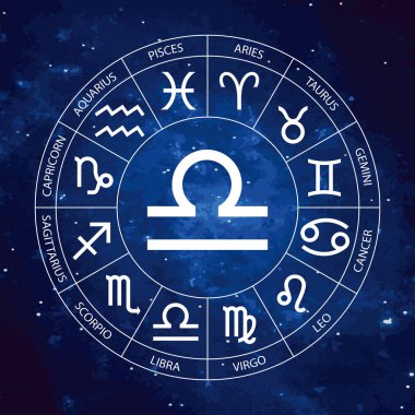 Vektör. Grafik Astroloji yıldızlı gökyüzü kozmik arka plana ayarla. Burç burç Terazi ile başlık için basit geometrik gösterimi, hat sanatı illüstrasyon izole.