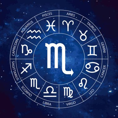 Vektör. Grafik Astroloji yıldızlı gökyüzü kozmik arka plana ayarla. Burç burç akrep ile başlık için basit geometrik gösterimi, hat sanatı illüstrasyon izole.