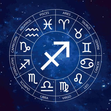 Vektör. Grafik Astroloji yıldızlı gökyüzü kozmik arka plana ayarla. Burç burç yay ile başlık için basit geometrik gösterimi, hat sanatı illüstrasyon izole.