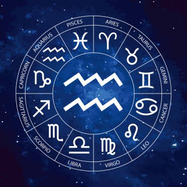 Vektör. Grafik Astroloji yıldızlı gökyüzü kozmik arka plana ayarla. Burç burç kova ile başlık için basit geometrik gösterimi, hat sanatı illüstrasyon izole.