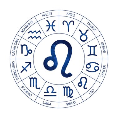 Vektör. Grafik astroloji beyaz arka plan üzerinde ayarlayın. Burç burç Leo ile başlık için kozmik bir basit geometrik gösterimi