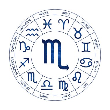 Vektör. Grafik astroloji beyaz arka plan üzerinde ayarlayın. Burç burç akrep ile başlık için kozmik bir basit geometrik gösterimi