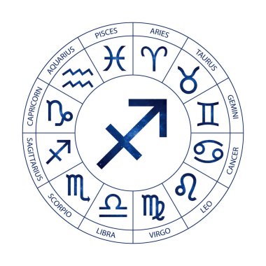 Vektör. Grafik astroloji beyaz arka plan üzerinde ayarlayın. Burç burç yay ile başlık için kozmik bir basit geometrik gösterimi