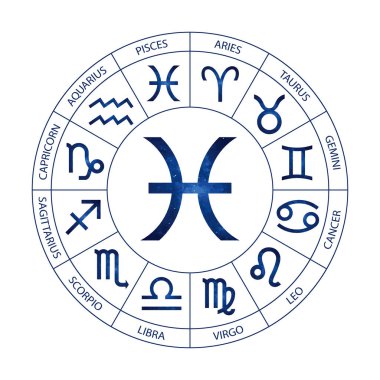 Vektör. Grafik astroloji beyaz arka plan üzerinde ayarlayın. Burç burç Balık başlıklar için kozmik bir basit geometrik gösterimi