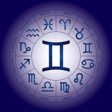 Vektör. Grafik kozmik Astroloji kümesi. Burç burç ikizler ile başlık için basit geometrik gösterimi