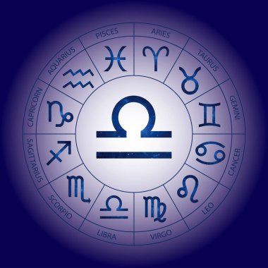 Vektör. Grafik kozmik Astroloji kümesi. Burç burç Terazi ile başlık için basit geometrik gösterimi