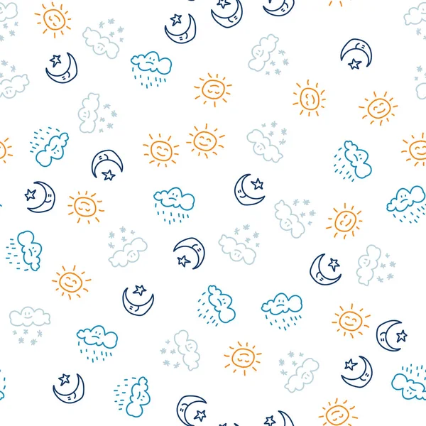 Бесшовный рисунок желтого солнца и луны со звездами и белыми облаками с капельками дождя и снежинками на небе. Облачно и ясная погода . — стоковый вектор