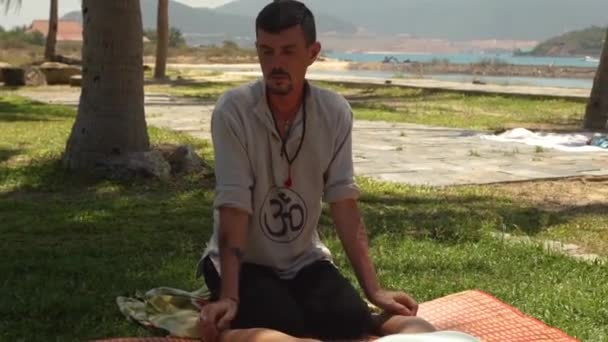 Homem massagista fazendo massagem nos pés para a mulher deitada na grama verde ao ar livre. Homem massagista profissional fazendo massagem tailandesa para a jovem. Conceito saudável e de harmonia . — Vídeo de Stock