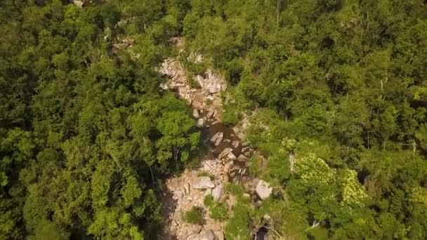 Légifelvételek rocky river-zöld erdőben. Gyönyörű táj, a repülő drone hegyi folyó és esőerdő. Vad természet-táj. — Stock videók