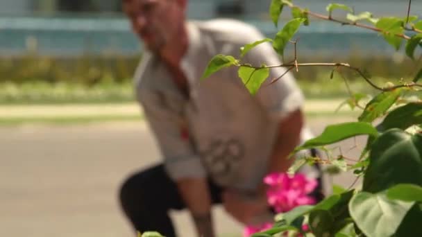 Thérapeute massage thaïlandais faisant massage à la femme couchée sur l'herbe verte en plein air. Homme faisant massage yoga traditionnel pour le corps de relaxation et de traitement . — Video